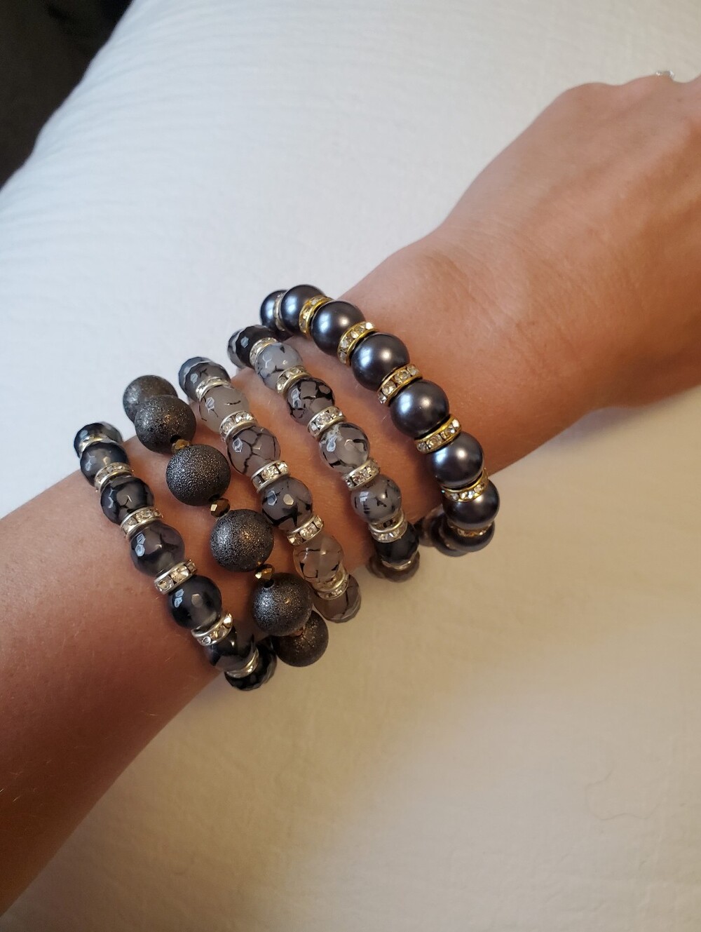 Dark Gray Beaded Stretch Bracelet Set with Metallic Accents